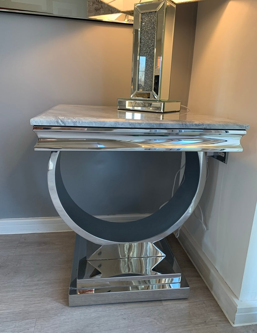 Arianna Grey Marble Stainless Steel Circular Lamp Side Table 50cm x 50cm