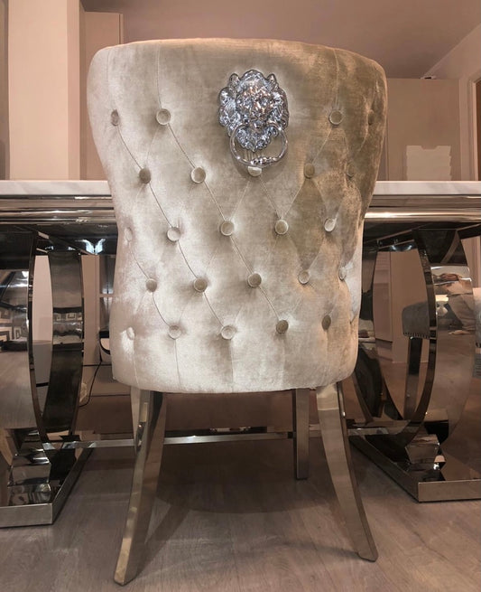 Valentina Mink Champagne Crushed Velvet Lion Knocker Winged Back Quilted Dining Chair