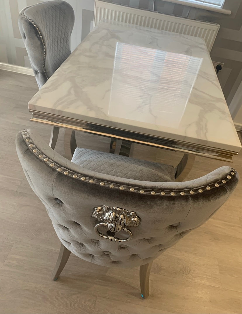 Valentina Grey Crushed Velvet Lion Knocker Winged Back Quilted Dining Chair