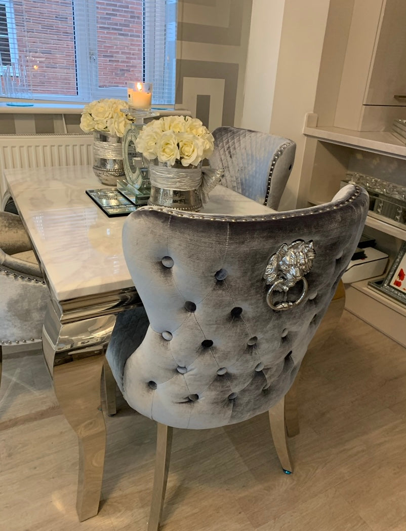 Valentina Grey Crushed Velvet Lion Knocker Winged Back Quilted Dining Chair