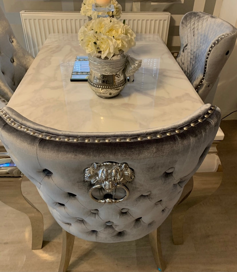 Valentina Grey Crushed Velvet Lion Knocker Winged Back Quilted Dining Chair