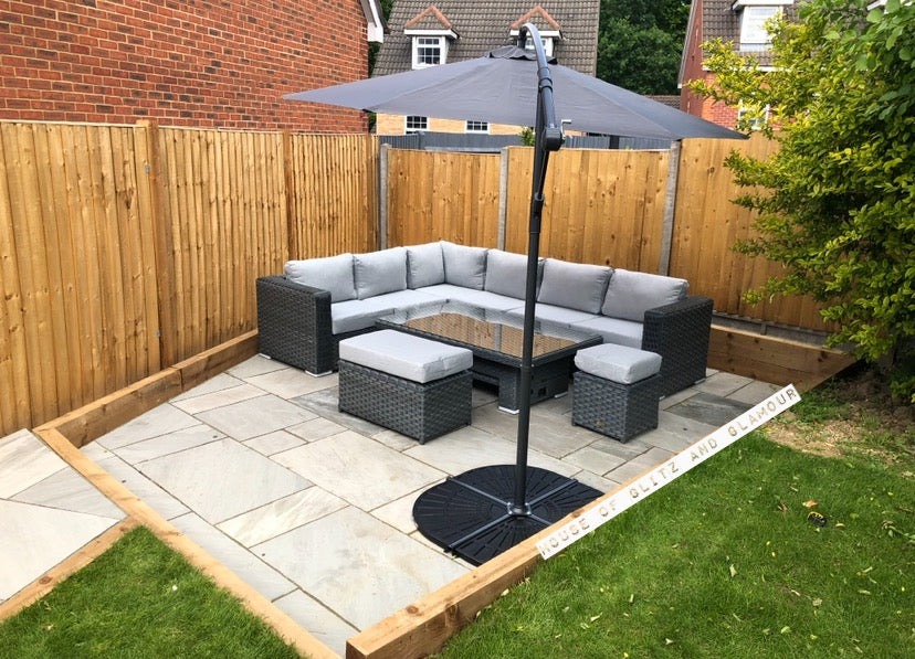 Monte Carlo Rattan Wide Corner Sofa With Rising Dining Table Set In Grey