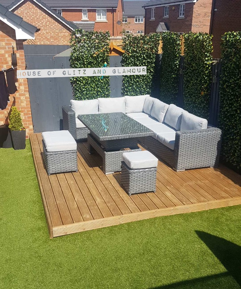 Monte Carlo Rattan Wide Corner Sofa With Rising Dining Table Set In Grey