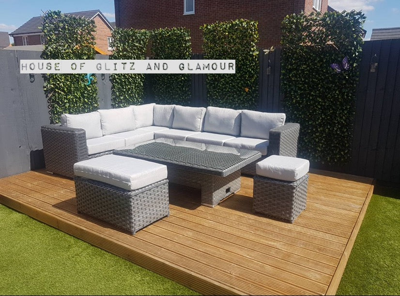 Monte Carlo Rattan Wide Corner Sofa With Rising Dining Table Set In Grey