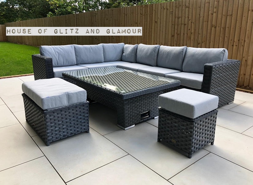 Monte Carlo Rattan Wide Corner Sofa With Rising Dining Table Set In Grey