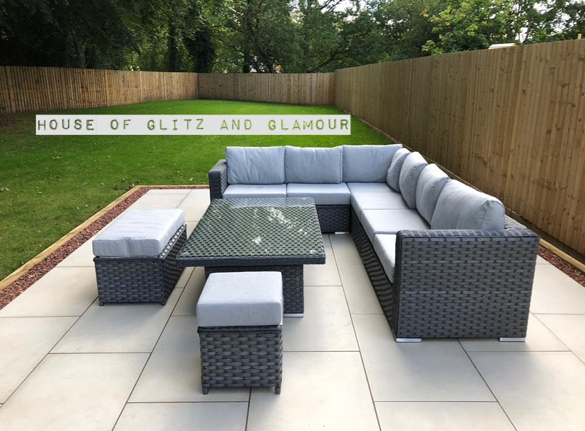 Monte Carlo Rattan Wide Corner Sofa With Rising Dining Table Set In Grey