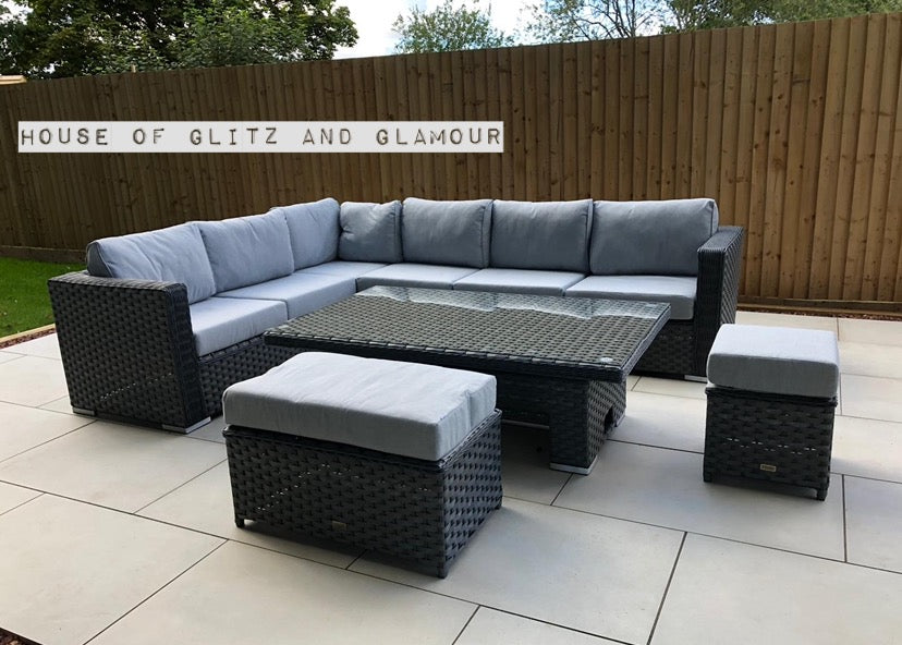 Monte Carlo Rattan Wide Corner Sofa With Rising Dining Table Set In Grey