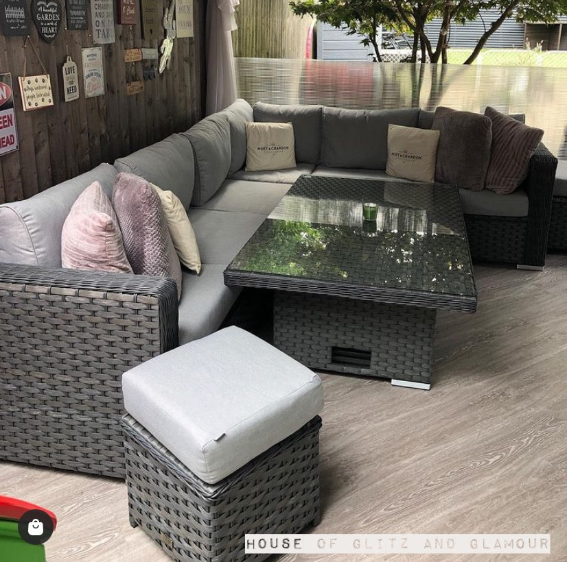 Monte Carlo Rattan Wide Corner Sofa With Rising Dining Table Set In Grey