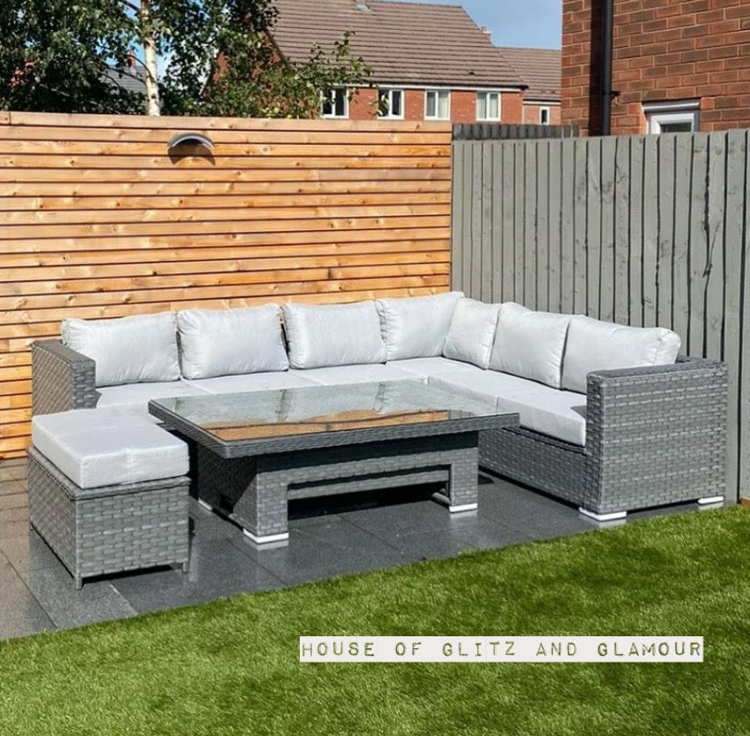 Monte Carlo Rattan Wide Corner Sofa With Rising Dining Table Set In Grey