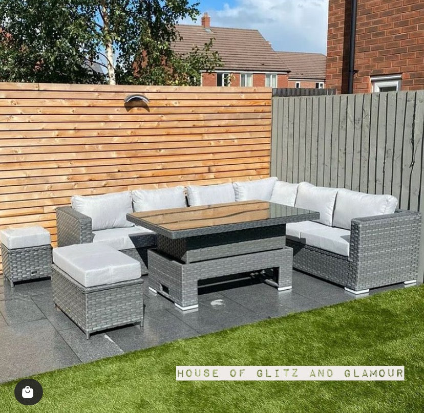 Monte Carlo Rattan Wide Corner Sofa With Rising Dining Table Set In Grey