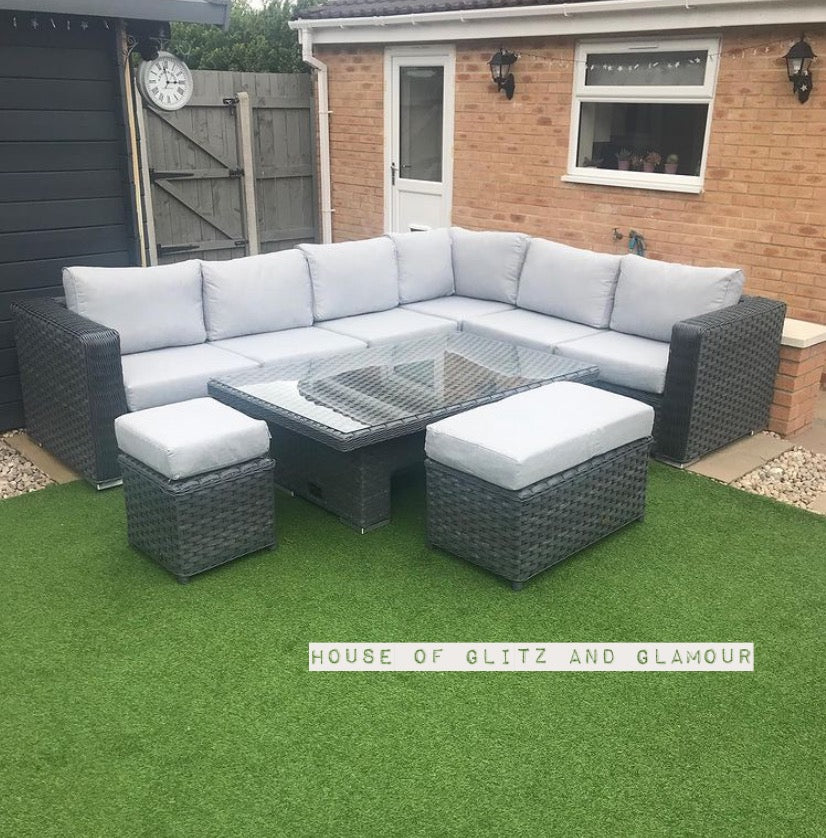 Monte Carlo Rattan Wide Corner Sofa With Rising Dining Table Set In Grey