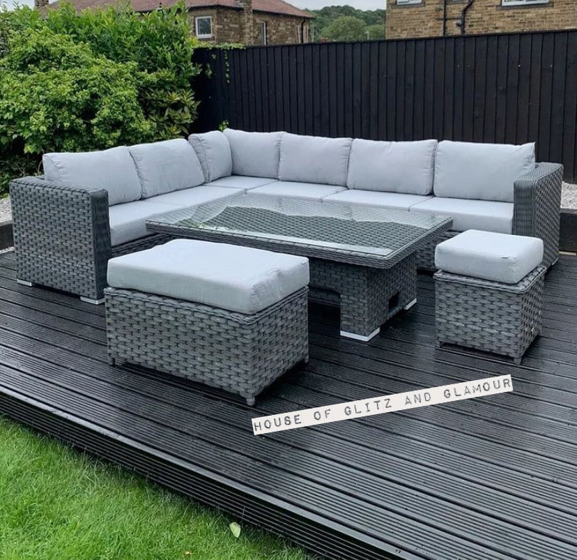 Monte Carlo Rattan Wide Corner Sofa With Rising Dining Table Set In Grey