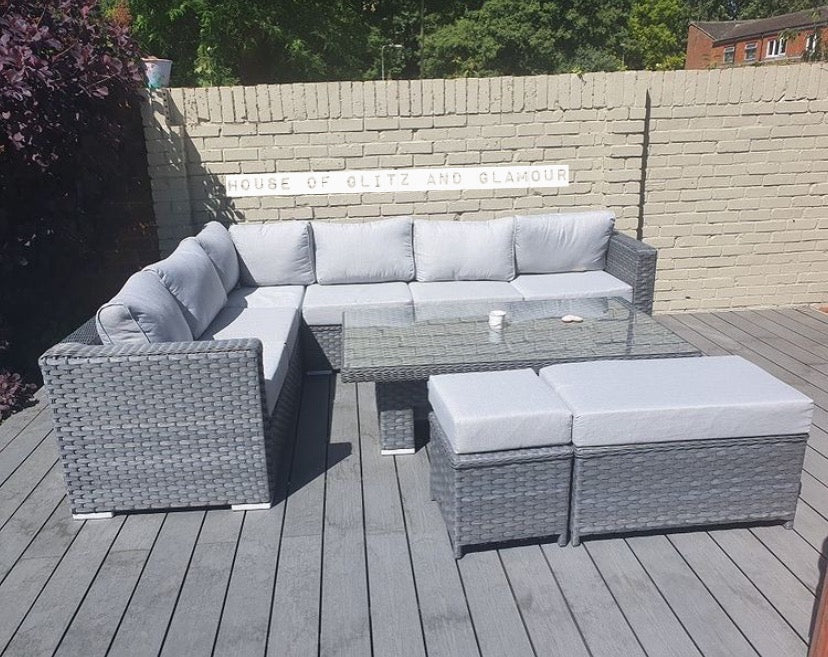 Monte Carlo Rattan Wide Corner Sofa Dining Set In Grey