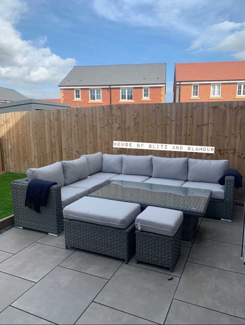 Monte Carlo Rattan Wide Corner Sofa With Rising Dining Table Set In Grey