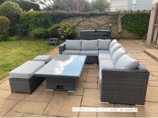 Monte Carlo Rattan Wide Corner Sofa With Rising Dining Table Set In Grey