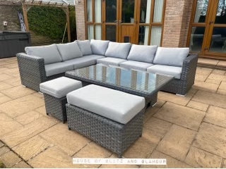 Monte Carlo Rattan Wide Corner Sofa With Rising Dining Table Set In Grey