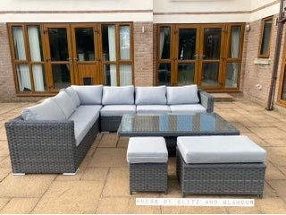 Monte Carlo Rattan Wide Corner Sofa With Rising Dining Table Set In Grey