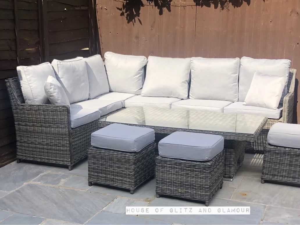 Monaco Large Corner High Back Sofa Dining Set in Grey The House Of Glitz And Glamour