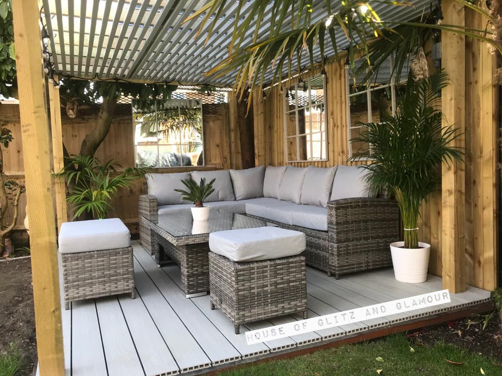 St Tropez Rattan High Back Corner Sofa With Rising Dining Table Set In Grey