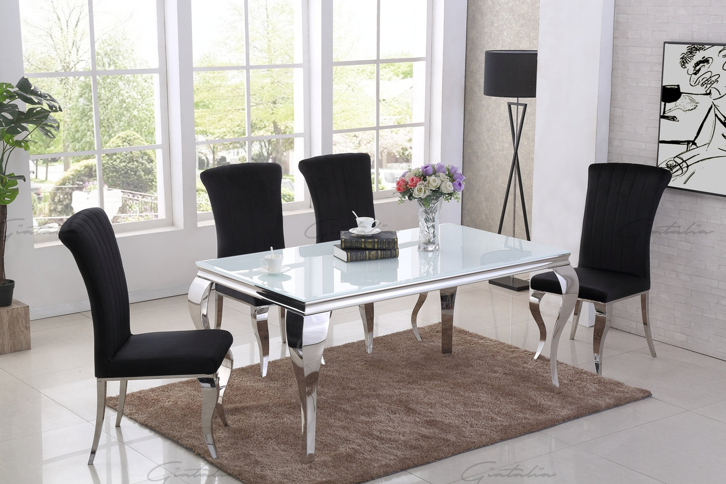 Louis WHITE Glass Top Dining Table 160cm x 90cm
