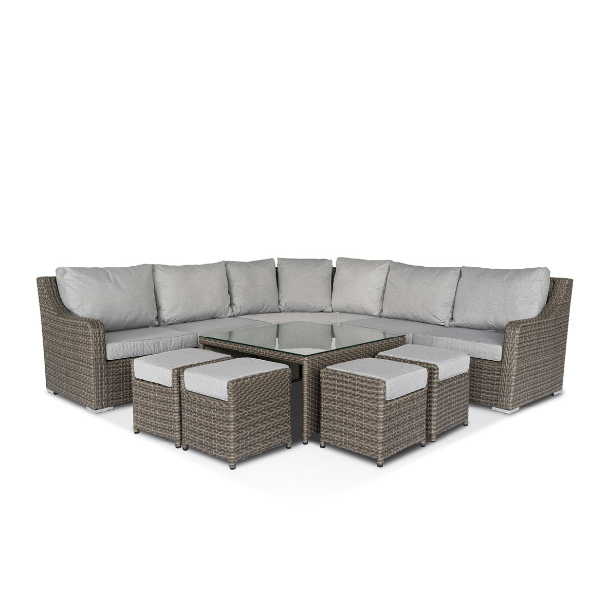 California Large Corner Sofa, Square Coffee Table with 4 Stools in Grey