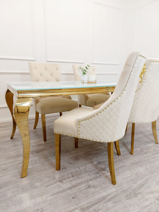 Chelsea Cream With Gold Legs Quilted French Velvet Lion Head Knocker Back Dining Chair
