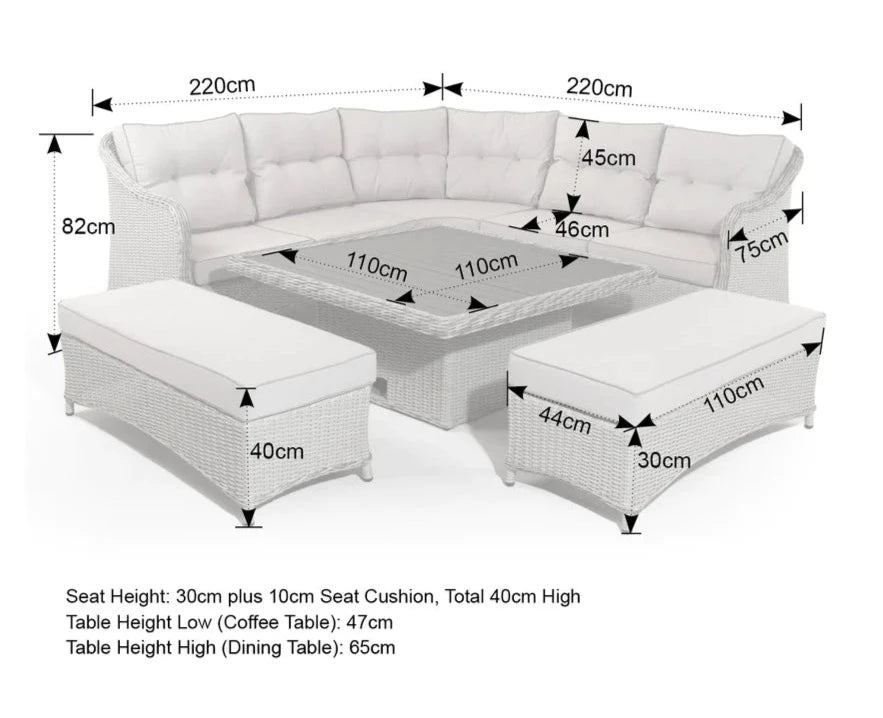 Kensington Grey Rattan Corner Sofa Garden Set With Rising Coffee To Dining Table