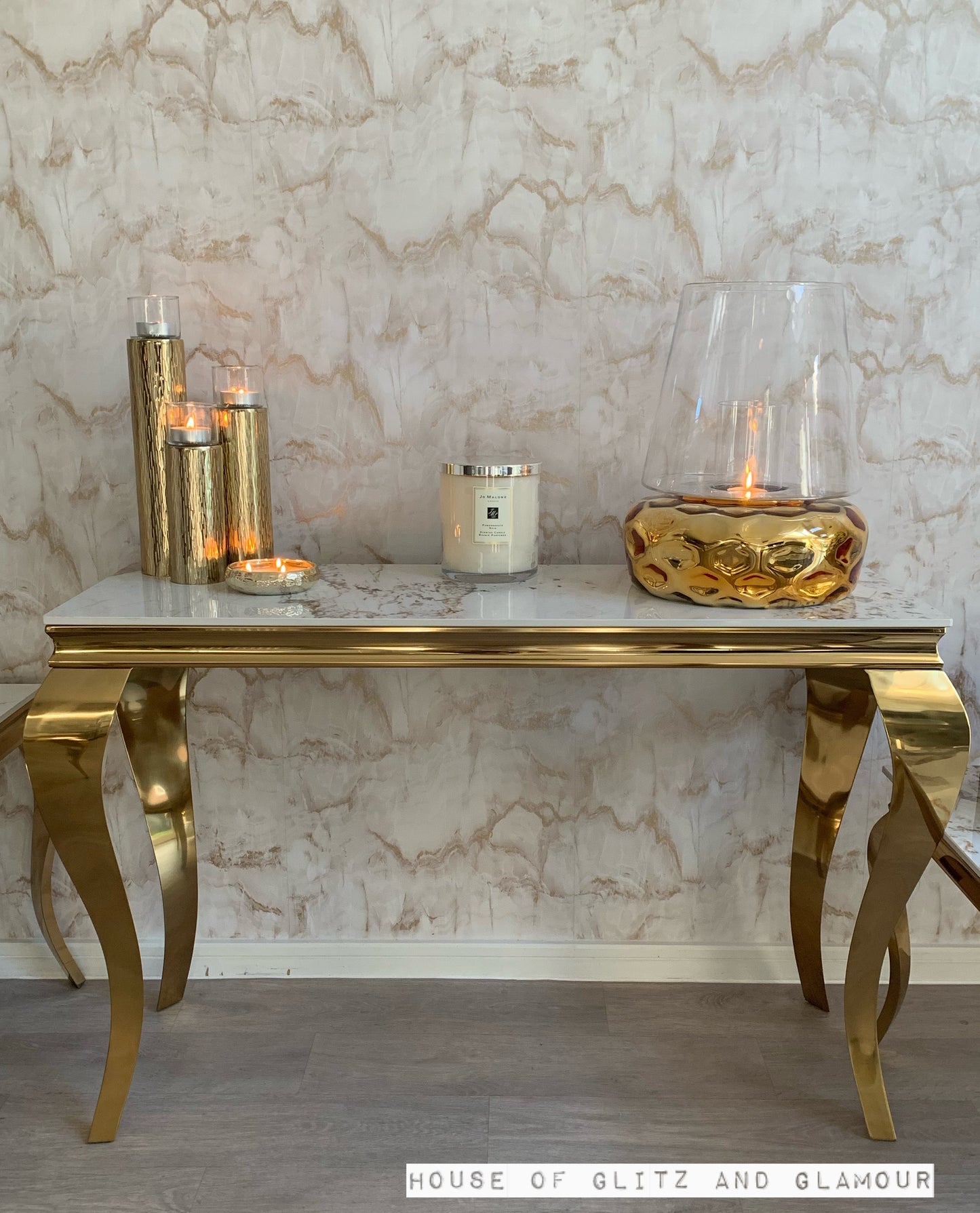 Louis Cream Console Table With Gold Legs And Sintered Pandora Top 120cm x 40cm x 75cm