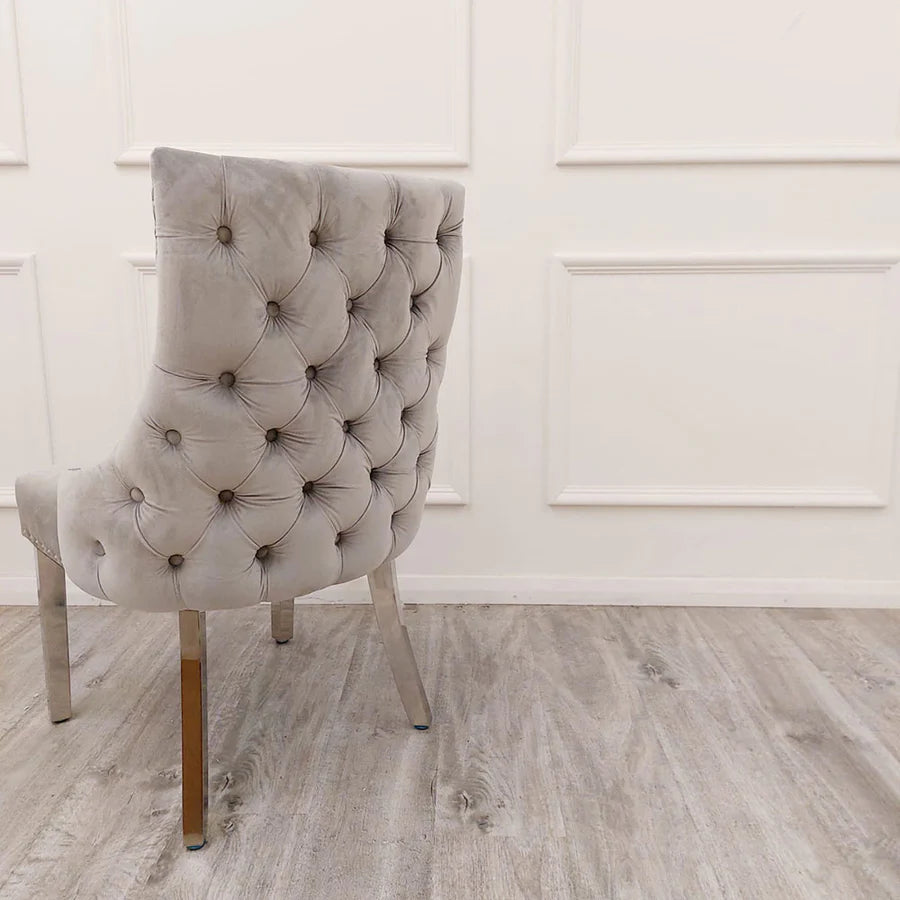 Bentley Light Grey Velvet Studded Back Chrome Leg Dining Chair