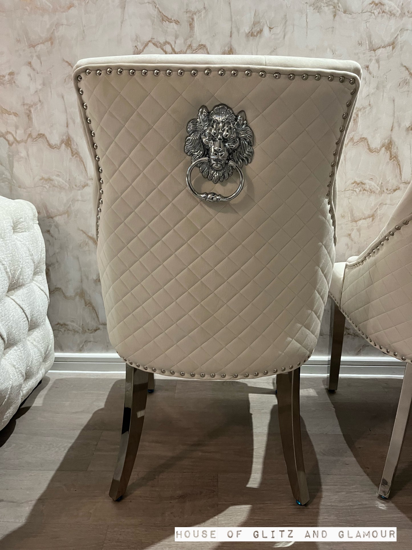 Chelsea Cream With Chrome Legs Quilted French Velvet Lion Head Knocker Back Dining Chair