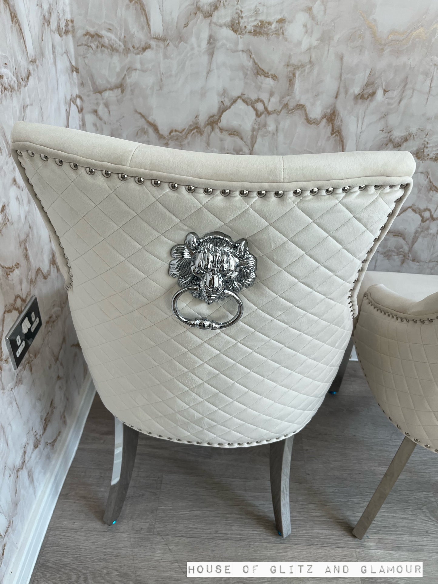 Chelsea Cream With Chrome Legs Quilted French Velvet Lion Head Knocker Back Dining Chair