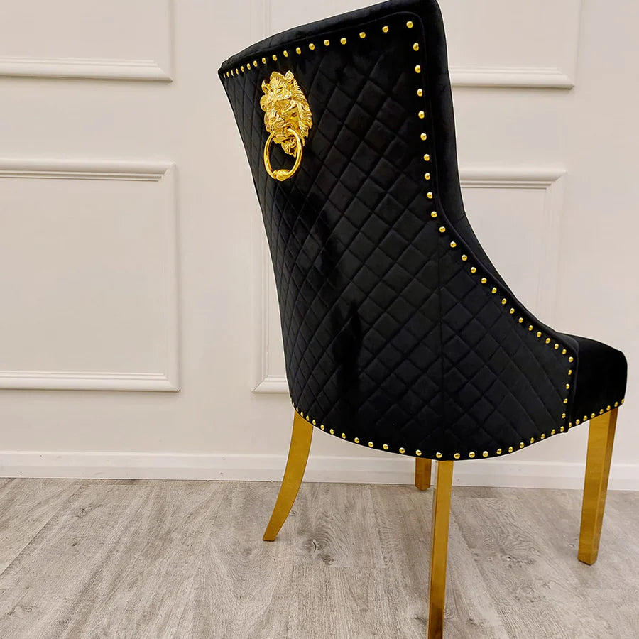 Chelsea Black With Gold Legs Quilted French Velvet Lion Head Knocker Back Dining Chair