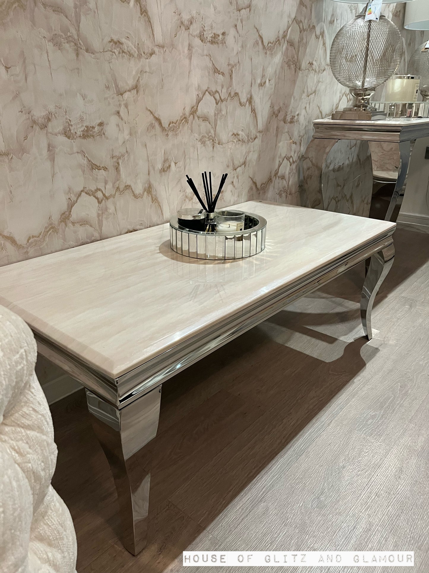 Louis Cream Marble & Chrome Coffee Table 120cm x 60cm x 42cm
