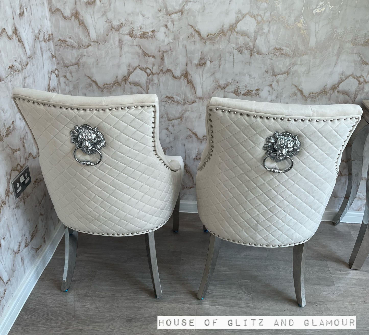 Chelsea Cream With Chrome Legs Quilted French Velvet Lion Head Knocker Back Dining Chair