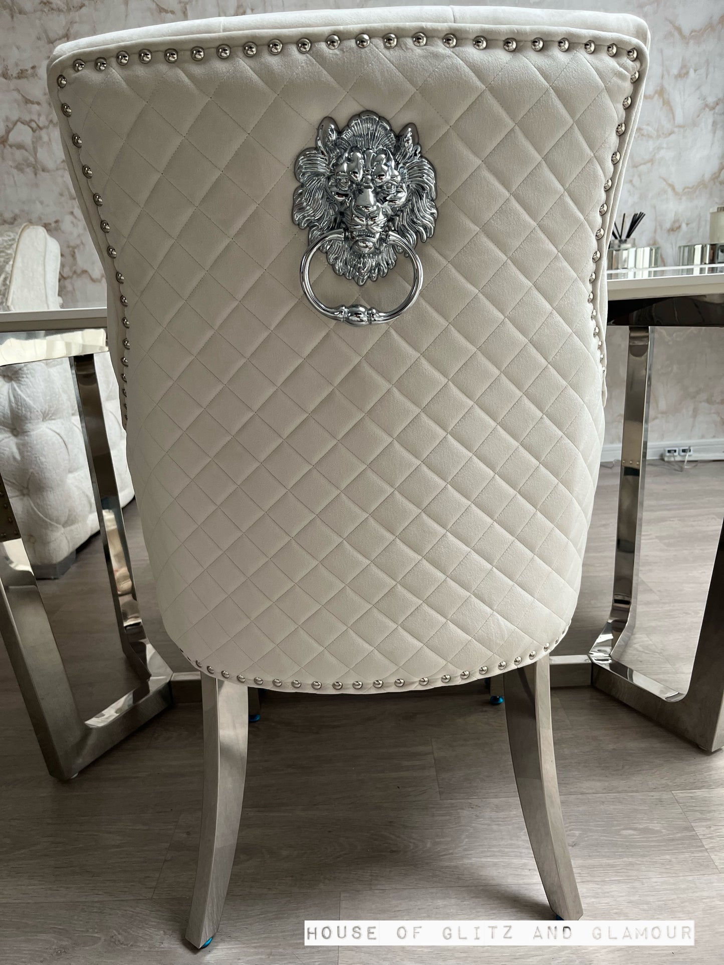 Chelsea Cream With Chrome Legs Quilted French Velvet Lion Head Knocker Back Dining Chair