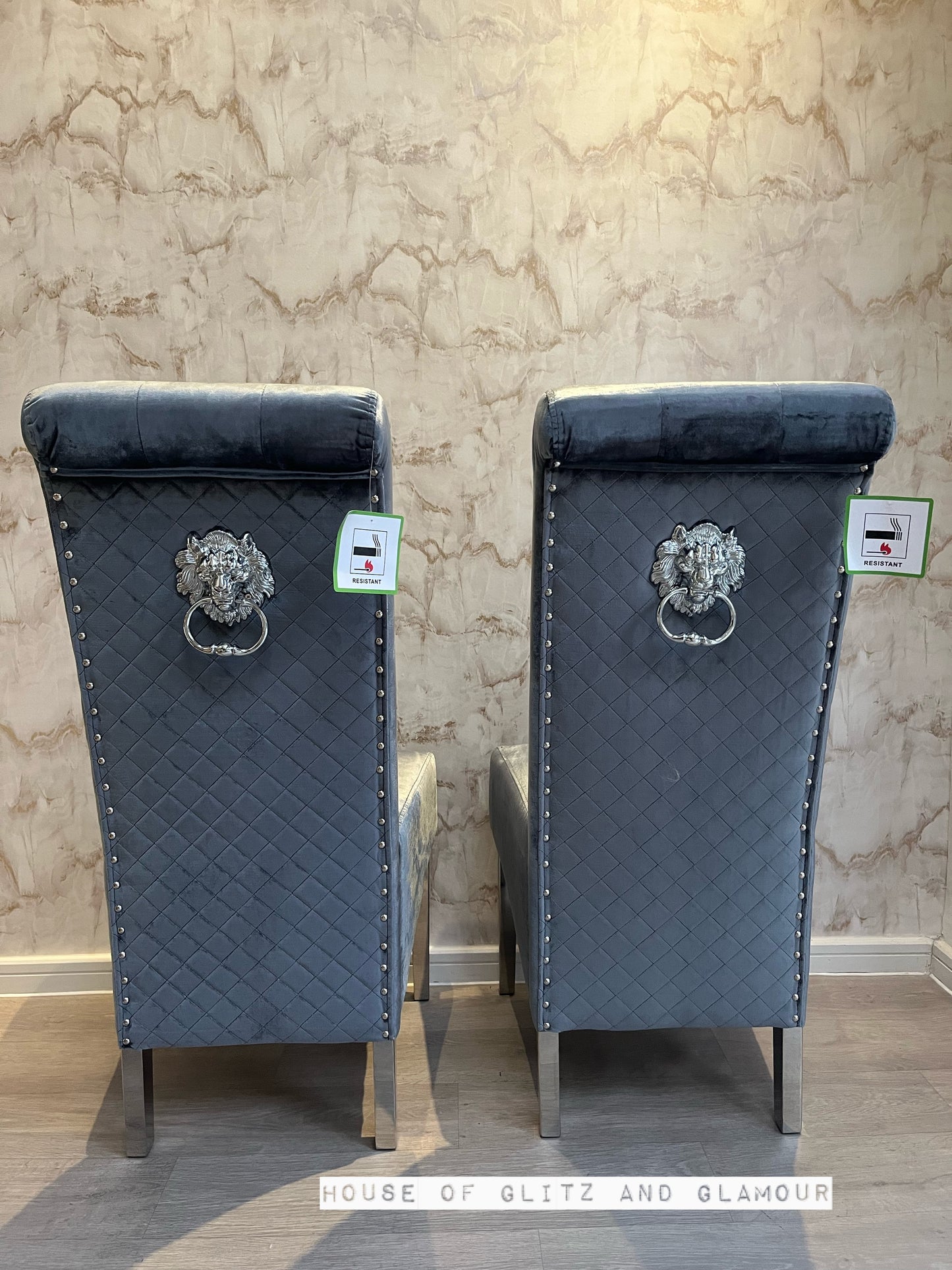 Lou Lou High Back Silver Shimmer Velvet Lion Knocker Back Dining Chair