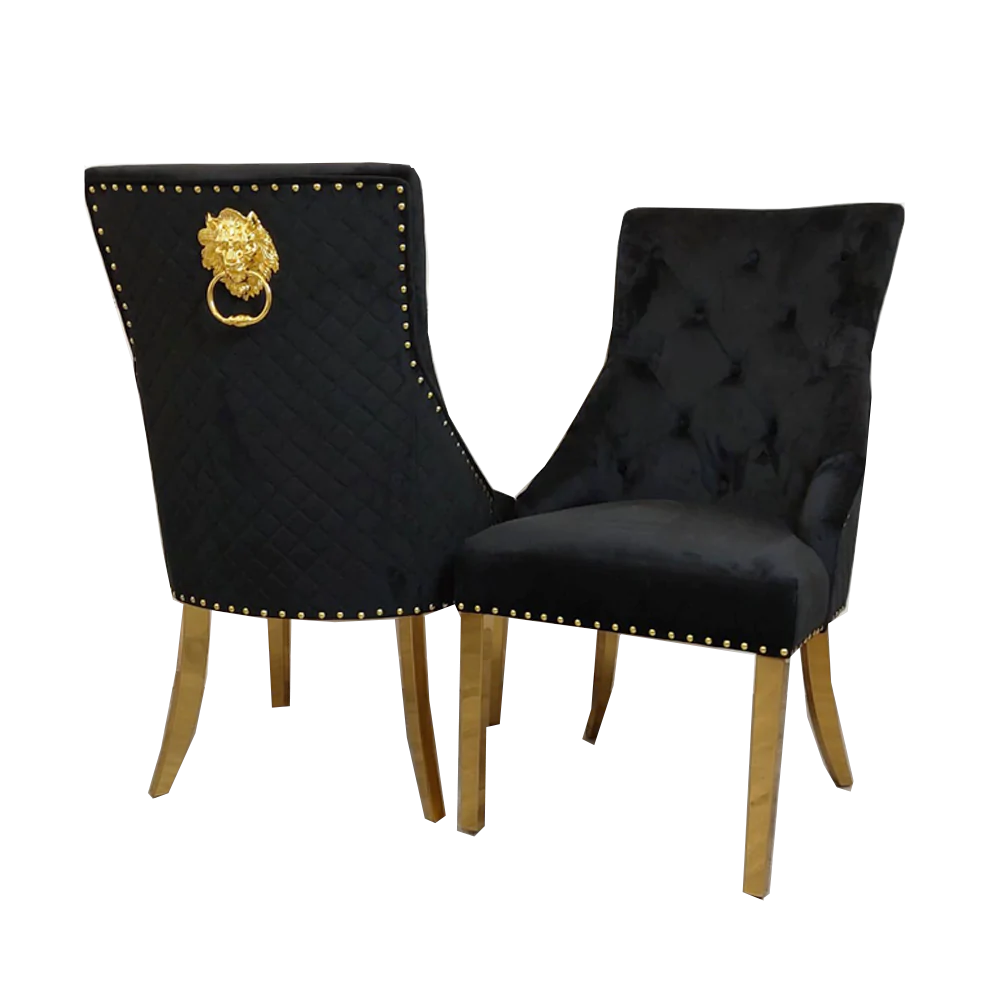 Chelsea Black With Gold Legs Quilted French Velvet Lion Head Knocker Back Dining Chair