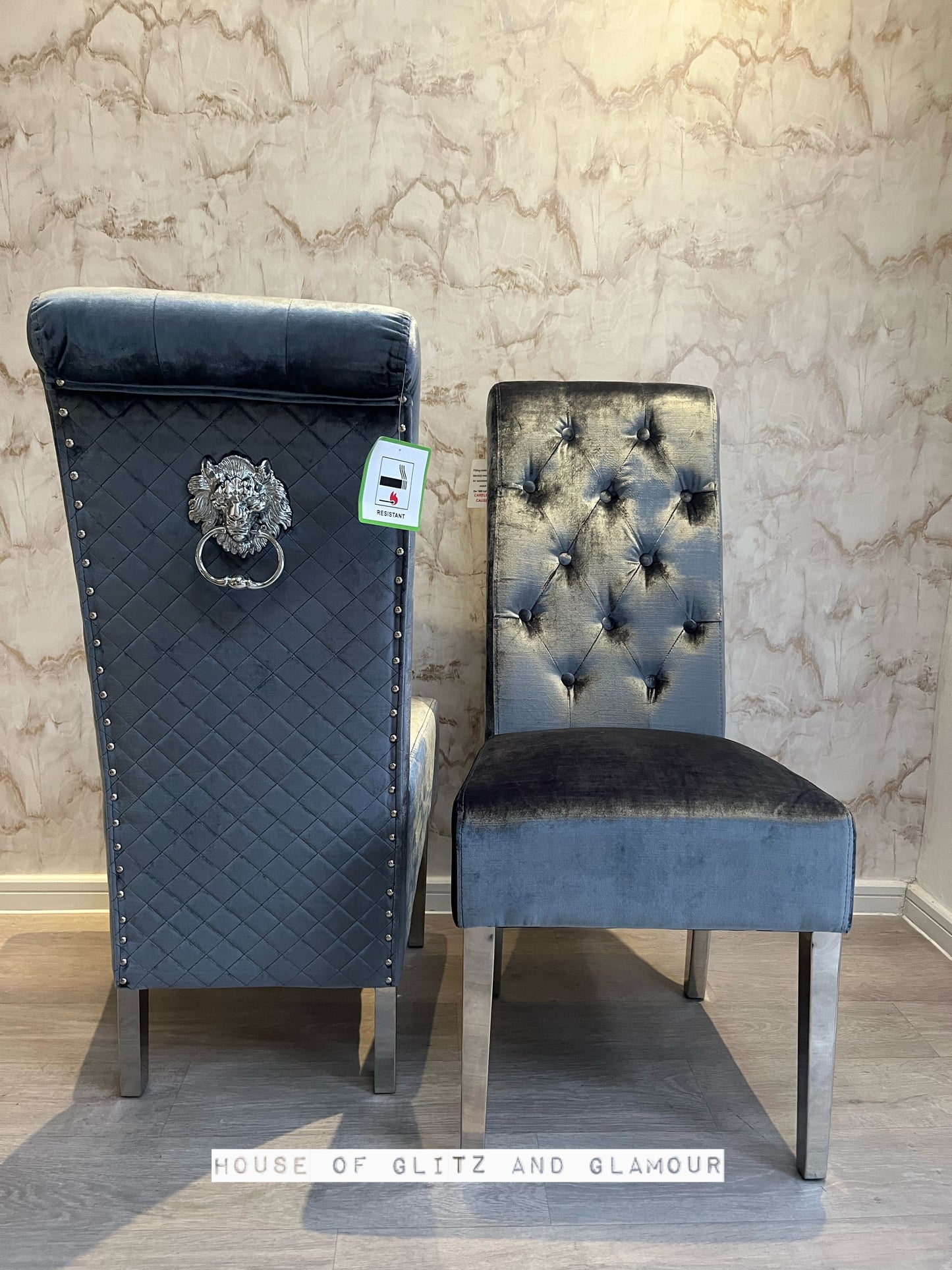 Lou Lou High Back Silver Shimmer Velvet Lion Knocker Back Dining Chair