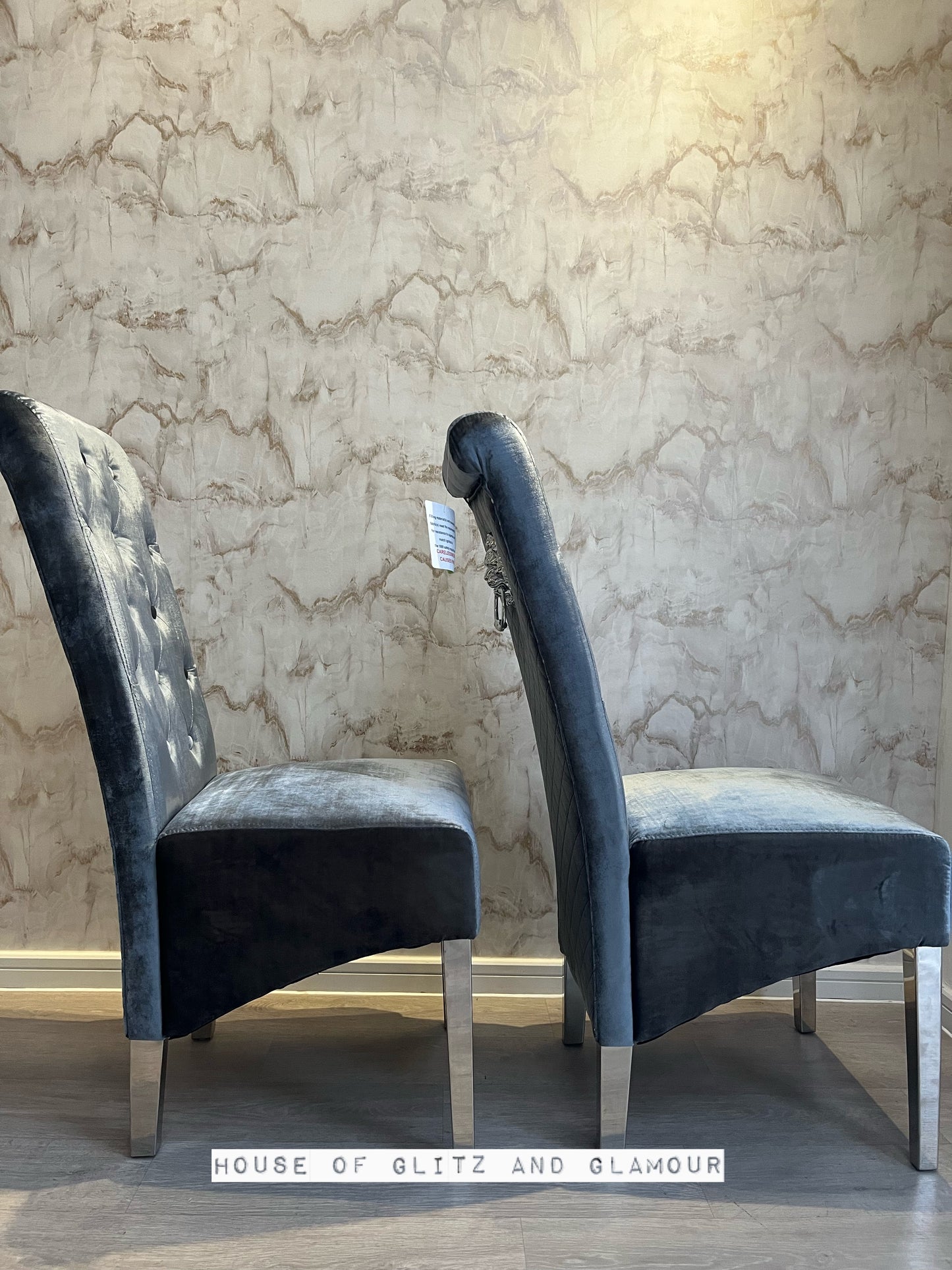 Lou Lou High Back Silver Shimmer Velvet Lion Knocker Back Dining Chair