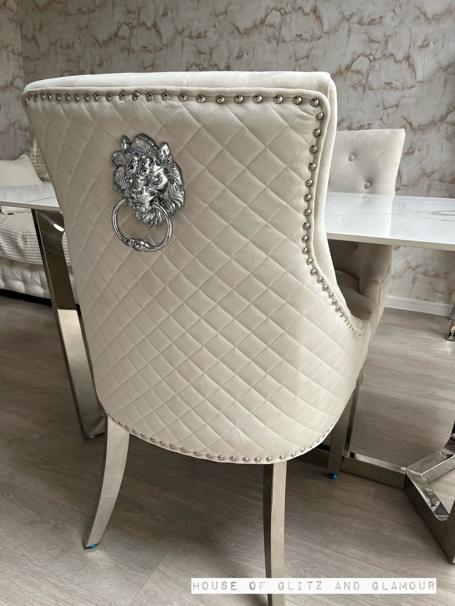 Chelsea Cream With Chrome Legs Quilted French Velvet Lion Head Knocker Back Dining Chair