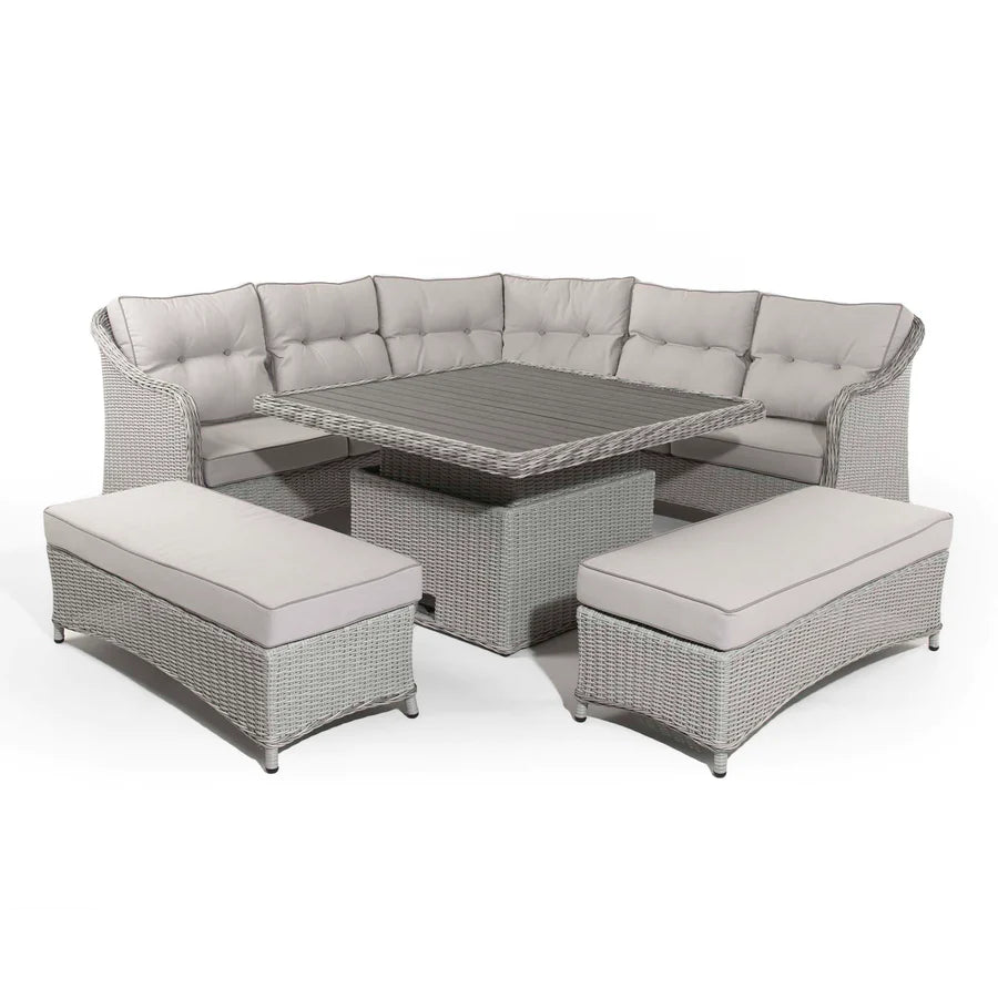Kensington Grey Rattan Corner Sofa Garden Set With Rising Coffee To Dining Table