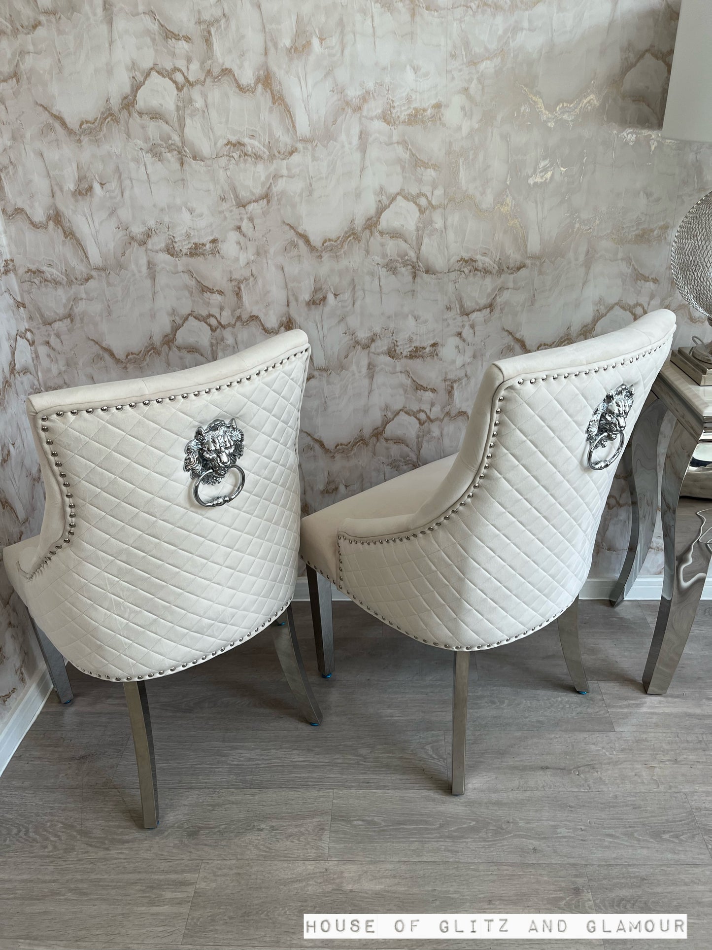 Chelsea Cream With Chrome Legs Quilted French Velvet Lion Head Knocker Back Dining Chair