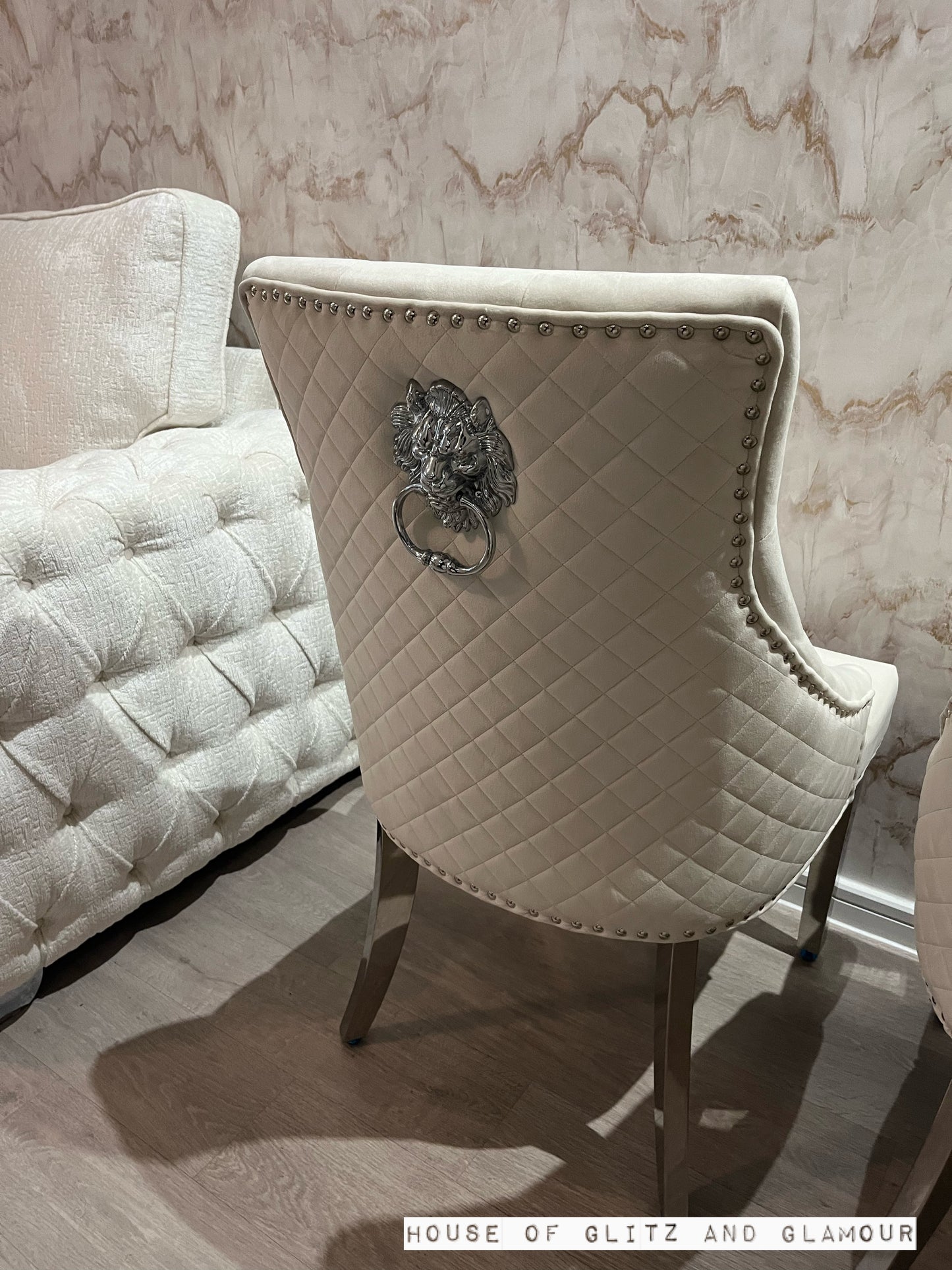 Chelsea Cream With Chrome Legs Quilted French Velvet Lion Head Knocker Back Dining Chair