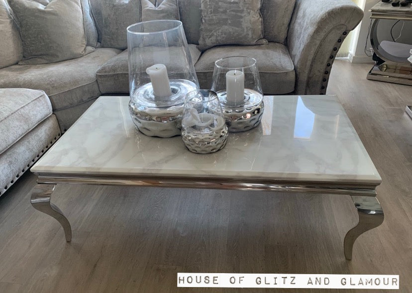 Louis White Marble & Stainless Steel Coffee Table 120cm x 60cm x 42cm