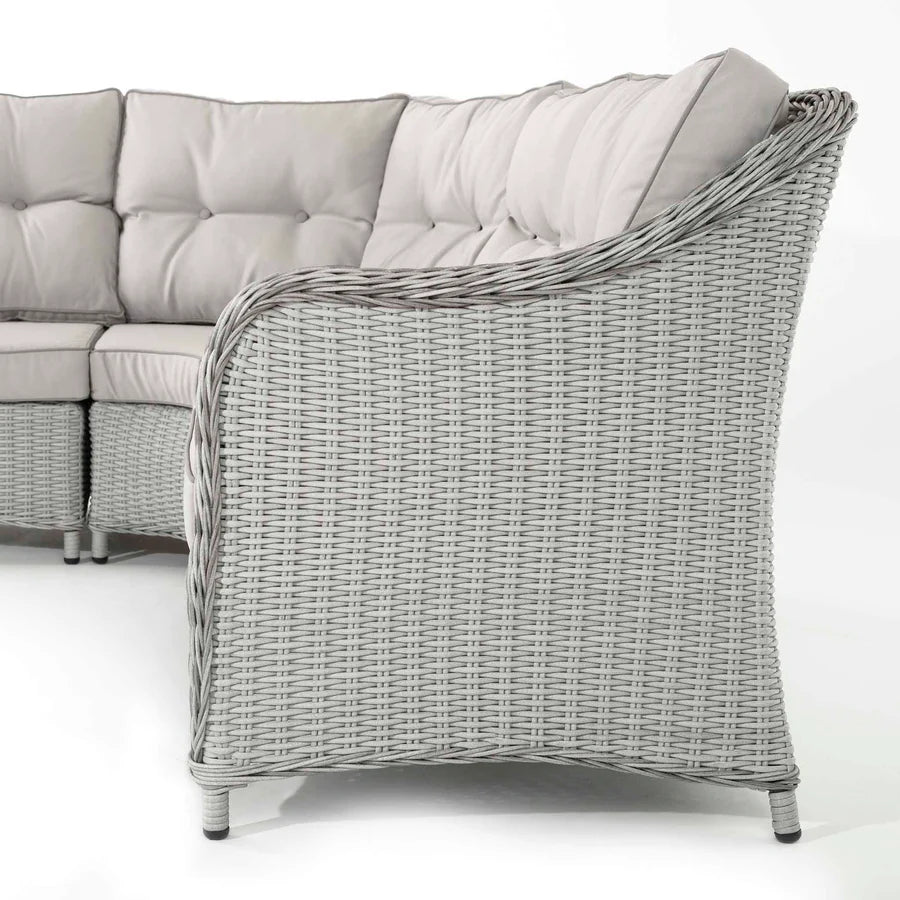 Kensington Grey Rattan Corner Sofa Garden Set With Rising Coffee To Dining Table