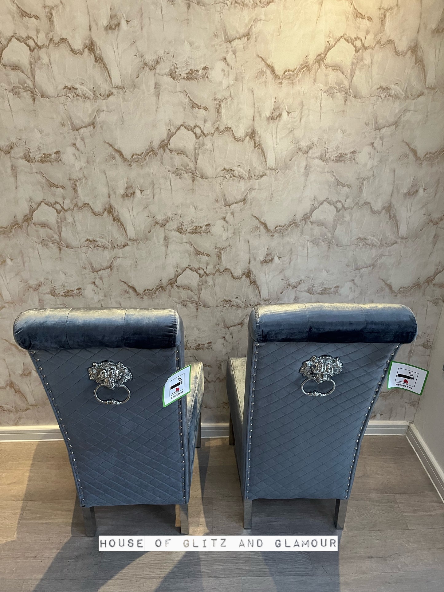 Lou Lou High Back Silver Shimmer Velvet Lion Knocker Back Dining Chair