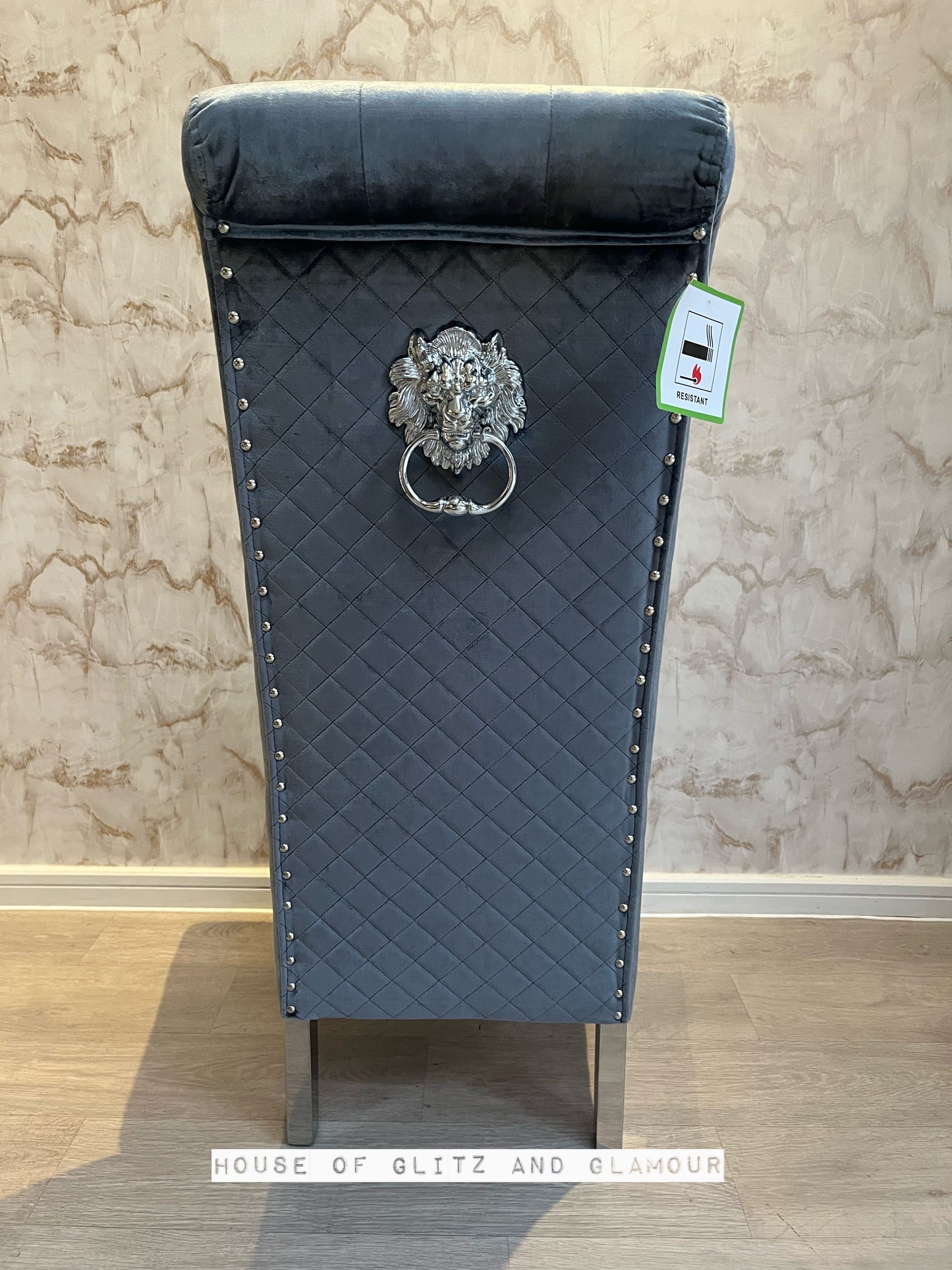 Lou Lou High Back Silver Shimmer Velvet Lion Knocker Back Dining Chair