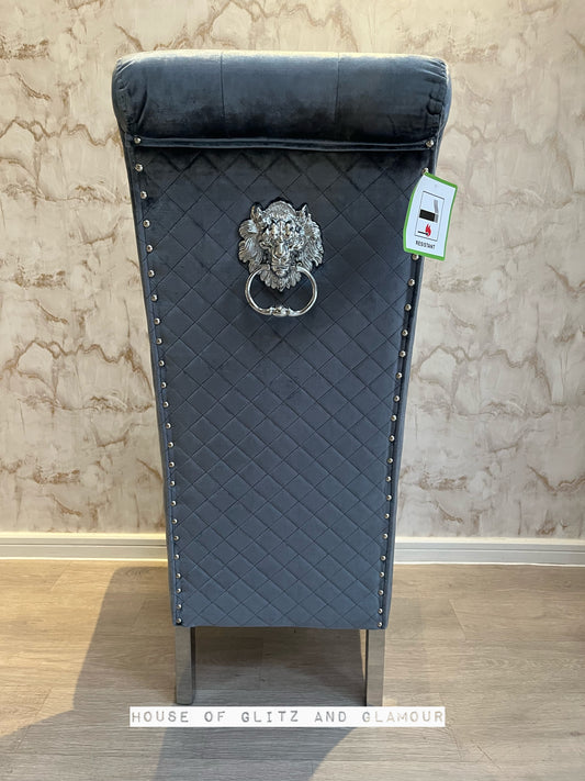 Lou Lou High Back Silver Shimmer Velvet Lion Knocker Back Dining Chair