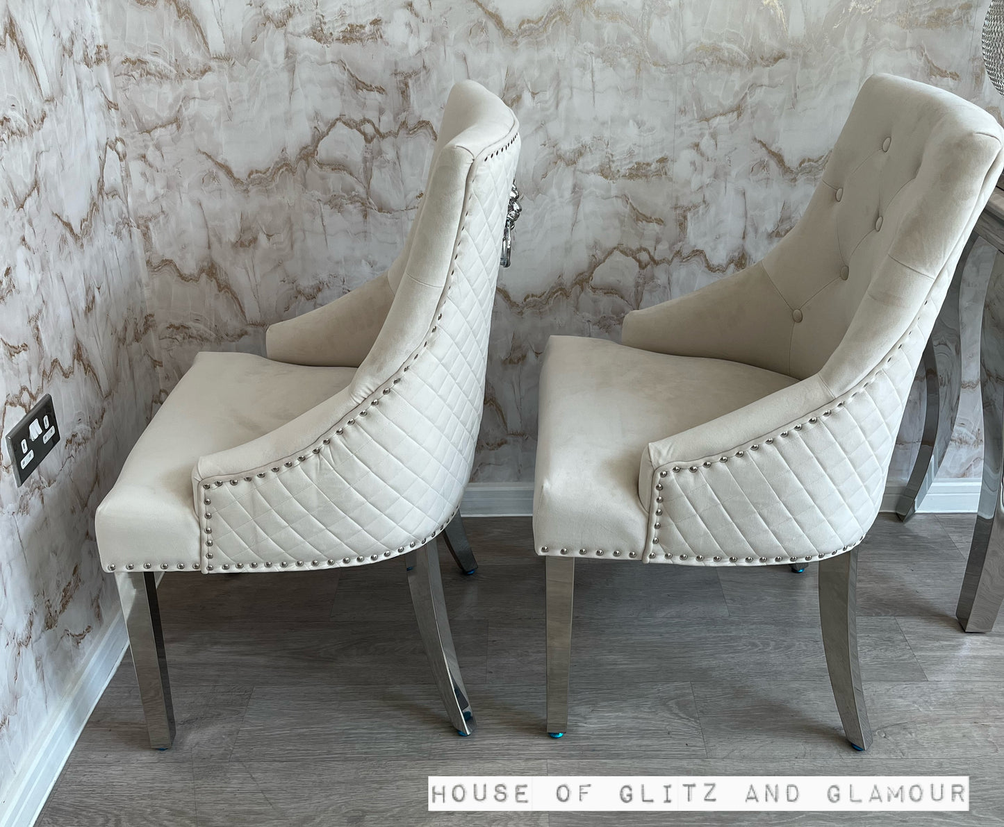 Chelsea Cream With Chrome Legs Quilted French Velvet Lion Head Knocker Back Dining Chair