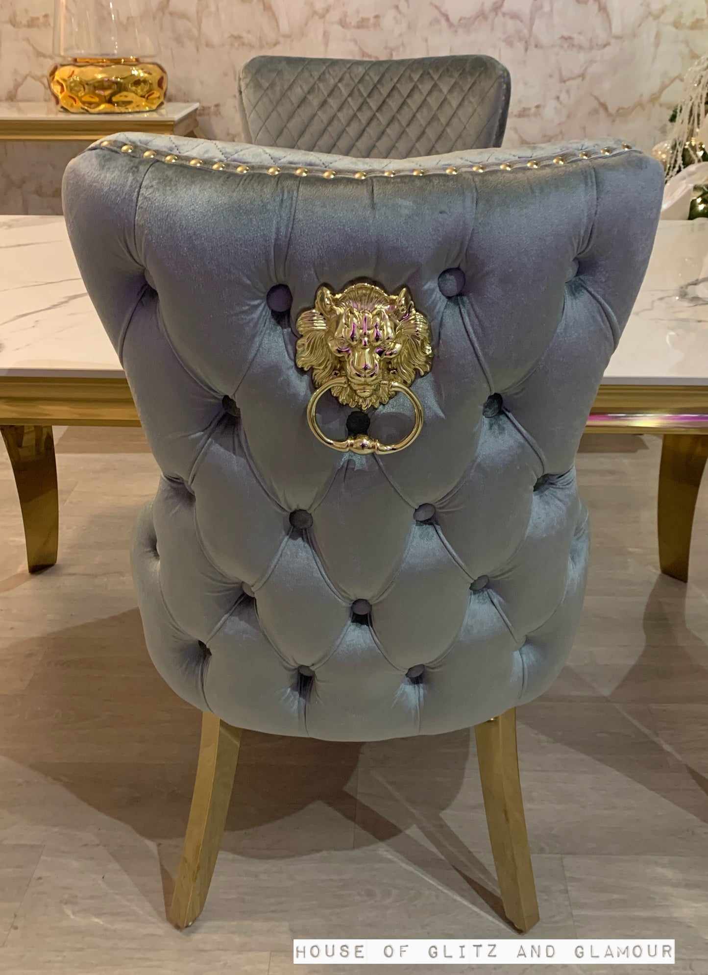 Giselle Grey Gold Lion Knocker Dining Chair
